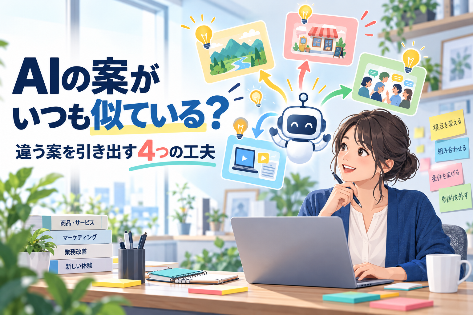 AIから方向性の異なる複数のアイデアを引き出し、比較する担当者のイラスト。