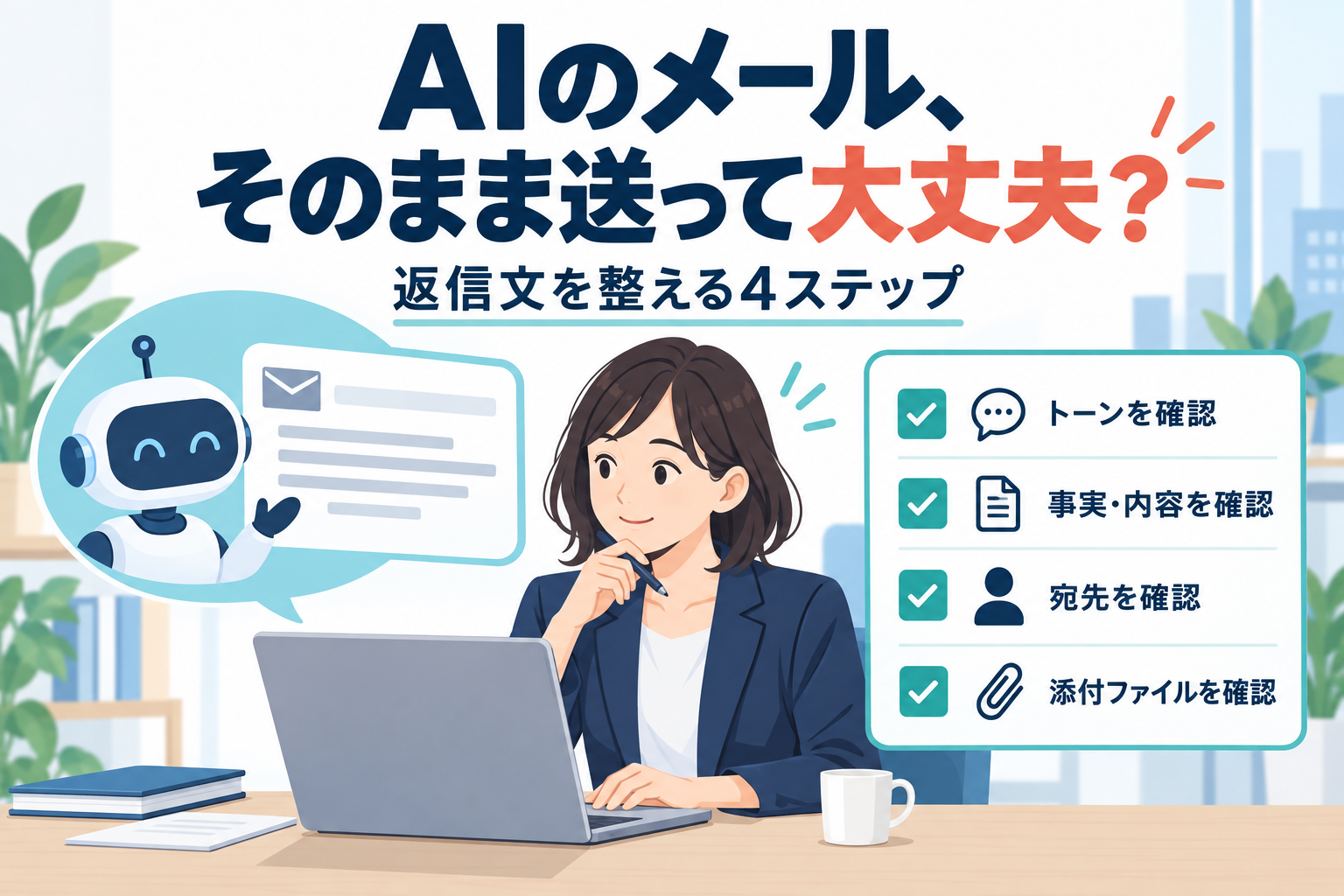 生成AIが作ったメール返信案を、人がトーン・事実・宛先・添付ファイルの4点で確認しているイラスト。