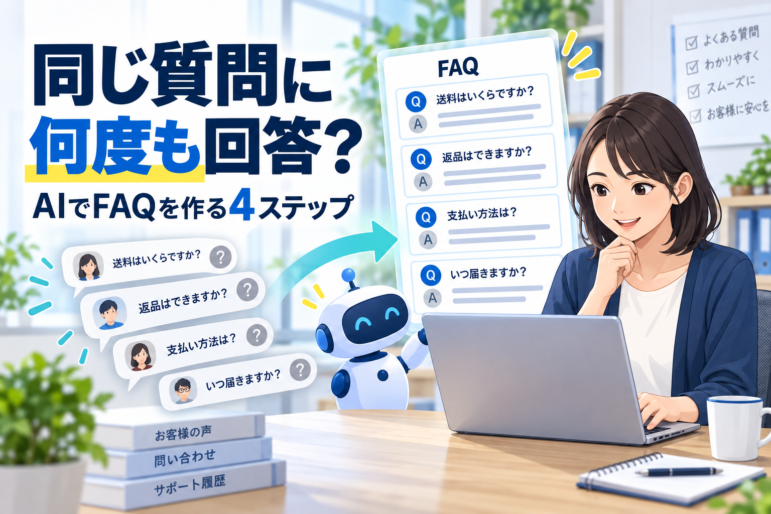 繰り返し届く問い合わせを、生成AIで分類してFAQの質問と回答に整理する担当者のイラスト。
