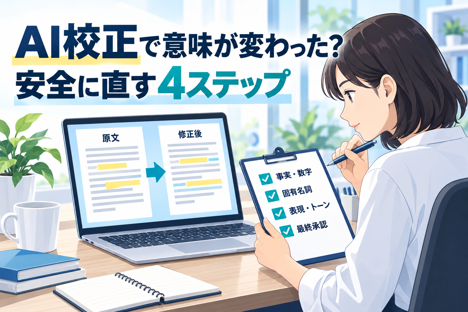 生成AIによる文章校正の前後を並べ、事実・数字、固有名詞、表現、最終承認を確認するイラスト。