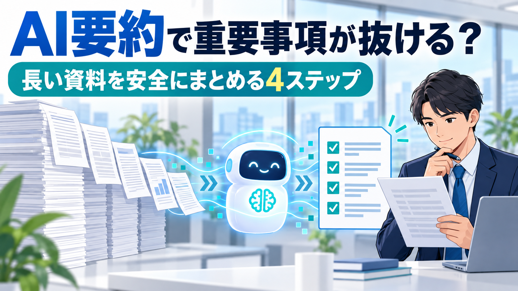AIが長い資料を要約し、担当者が重要事項のチェックリストを原文と照合するイラスト。