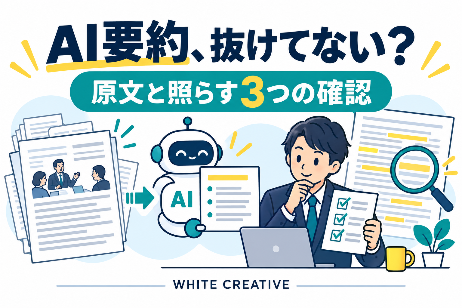 AI要約、抜けてない？ 原文と照らす3つの確認。AIの要約を原文とチェックリストで確認する担当者のイラスト。