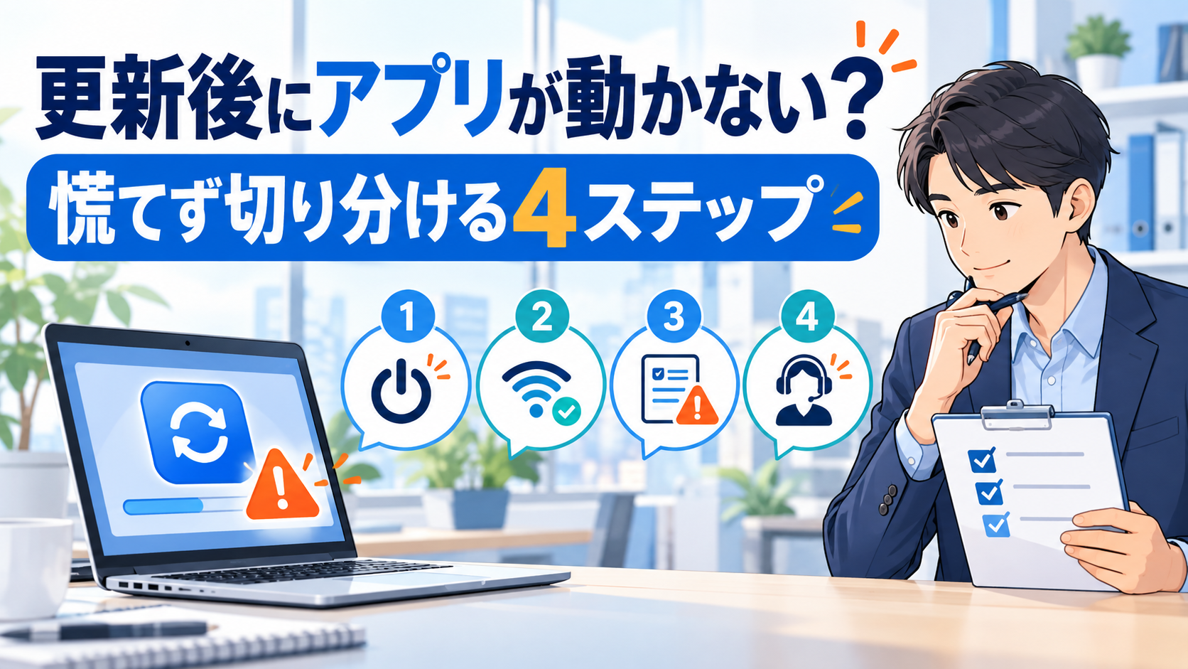 アプリ更新後の不具合を、再起動・接続確認・症状記録・相談の4ステップで切り分けるイラスト。