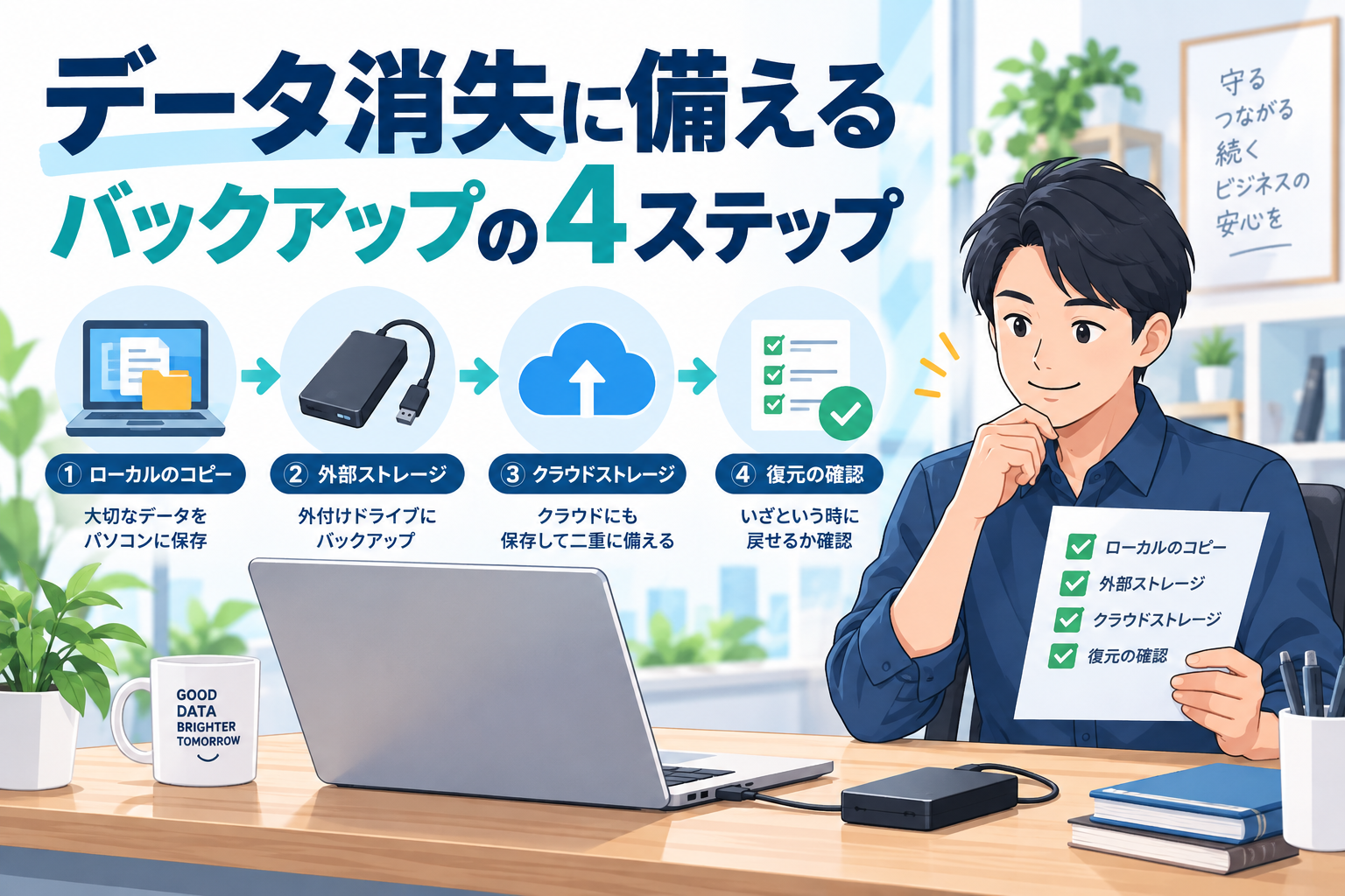 パソコン、外付けストレージ、クラウドへのバックアップと復元確認の4ステップを示すイラスト。
