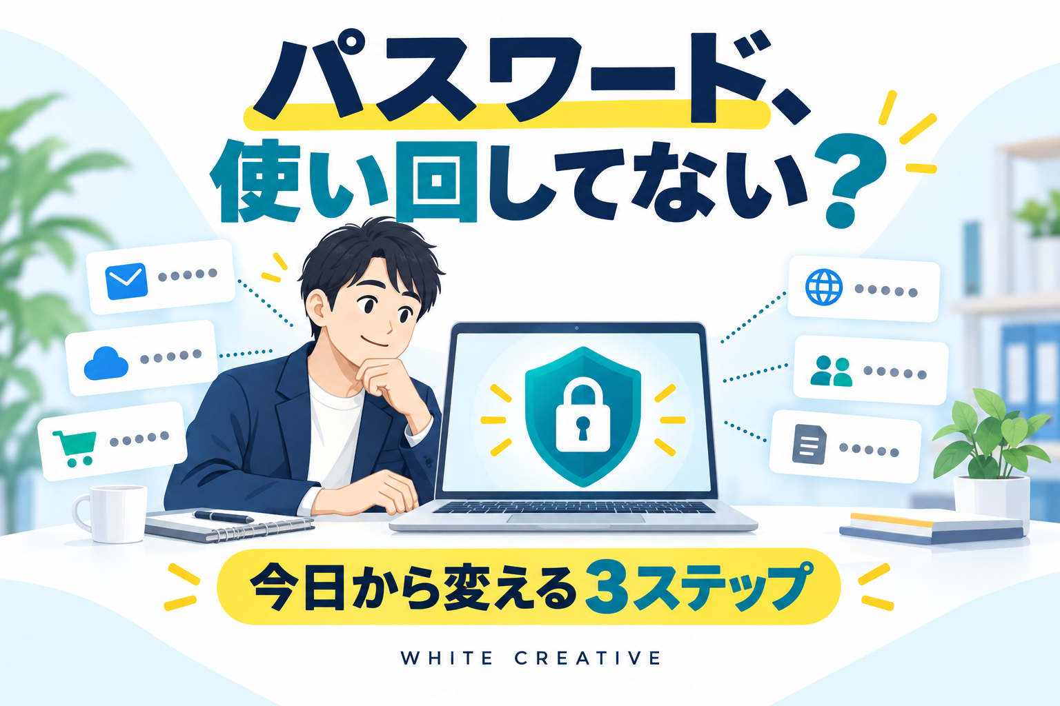 パスワード、使い回してない？ 今日から変える3ステップ。複数サービスの認証を見直す担当者のイラスト。