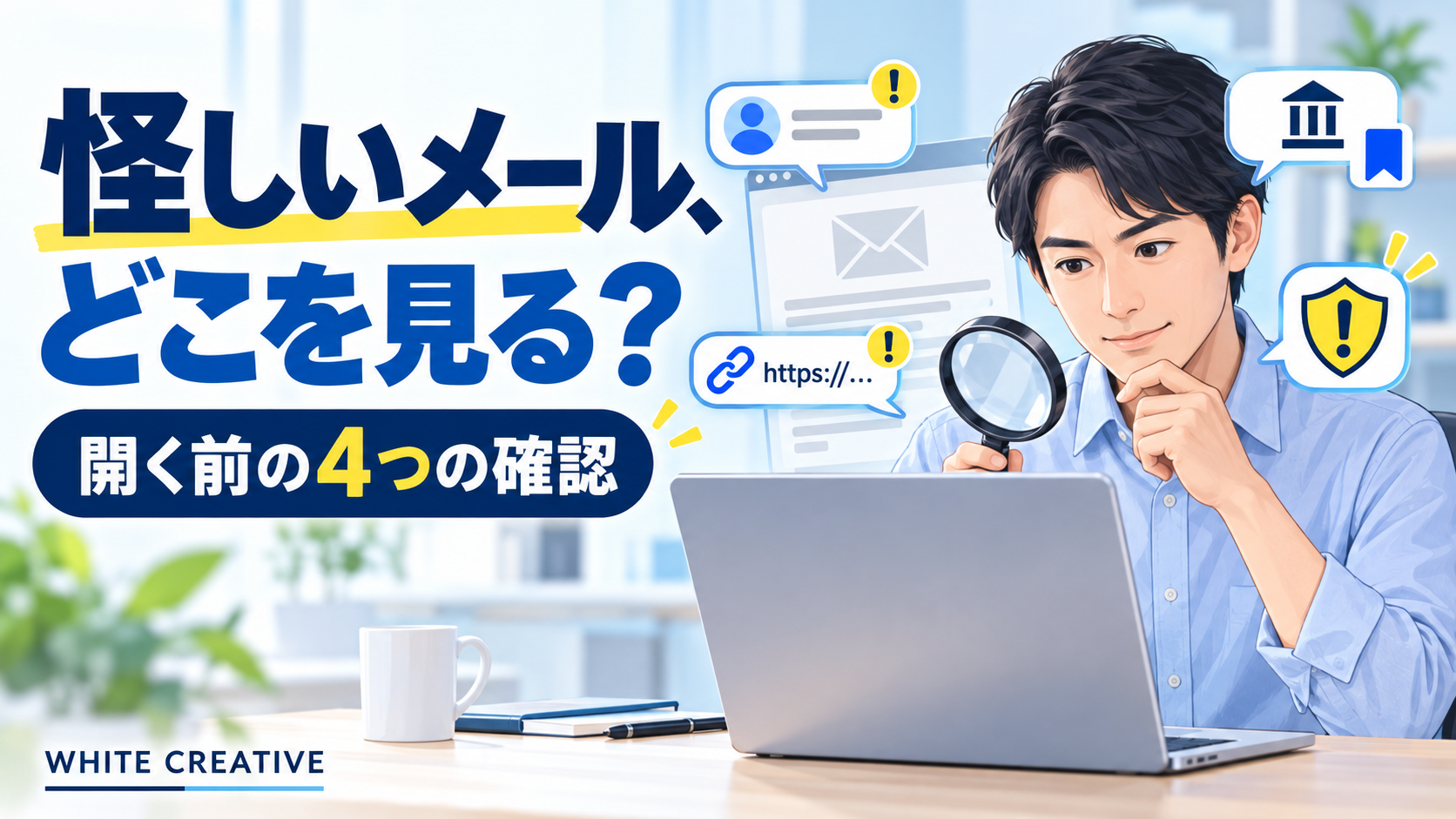 怪しいメールを開く前の4つの確認。送信元、リンク先、公式サイト、警告表示を確認する担当者のイラスト。
