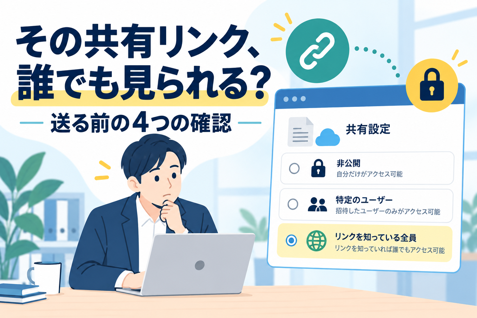 クラウドの共有リンクを送る前に、非公開・特定ユーザー・リンクを知っている全員の設定を確認する担当者のイラスト。