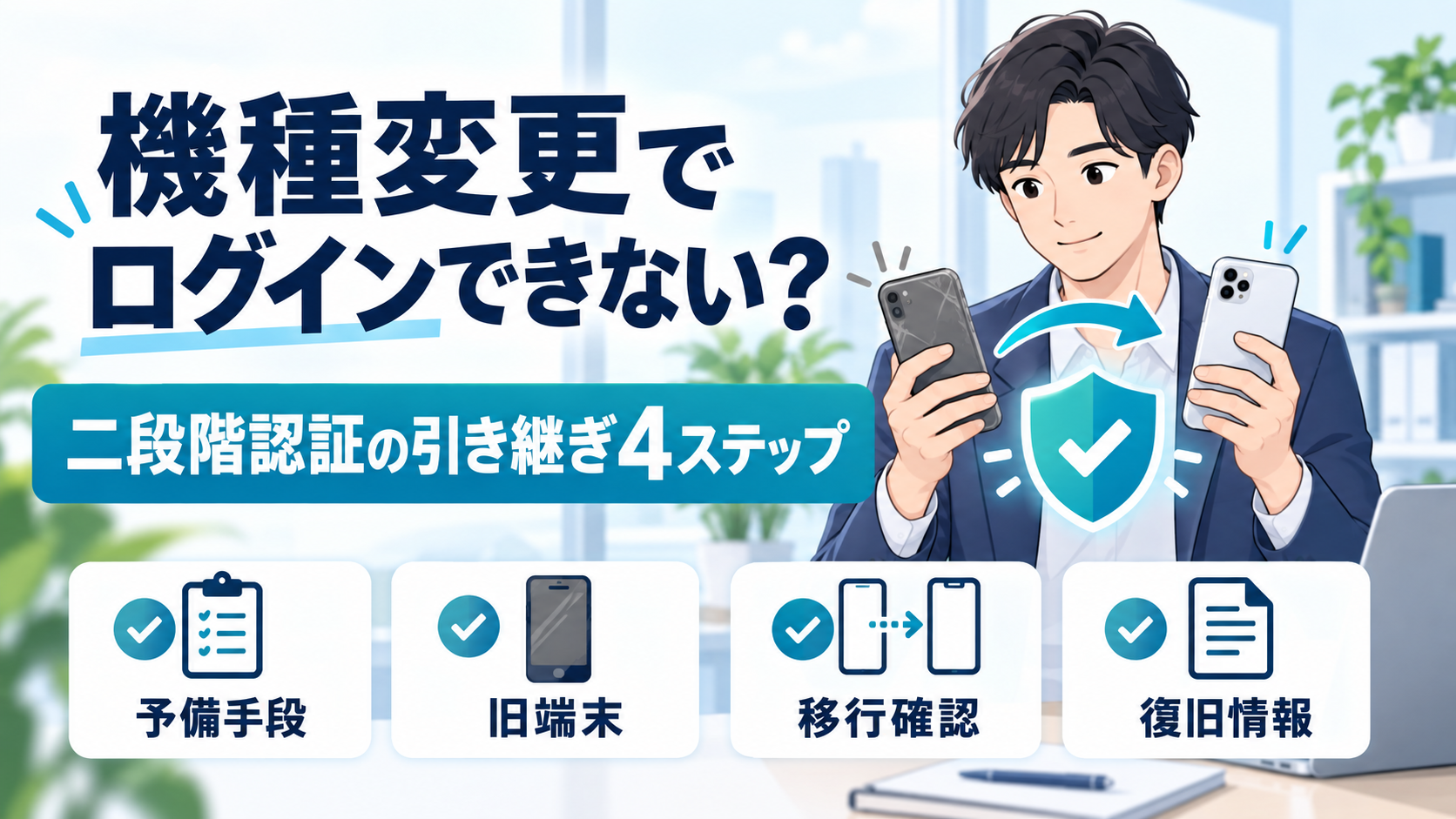 旧スマートフォンから新しいスマートフォンへ二段階認証を引き継ぎ、予備手段・旧端末・移行確認・復旧情報を確認するイラスト。