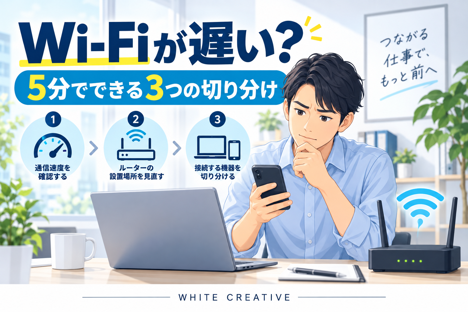 Wi‑Fiが遅い？5分でできる3つの切り分け。有線との比較、ルーターの置き場所、接続機器を確認する担当者のイラスト。