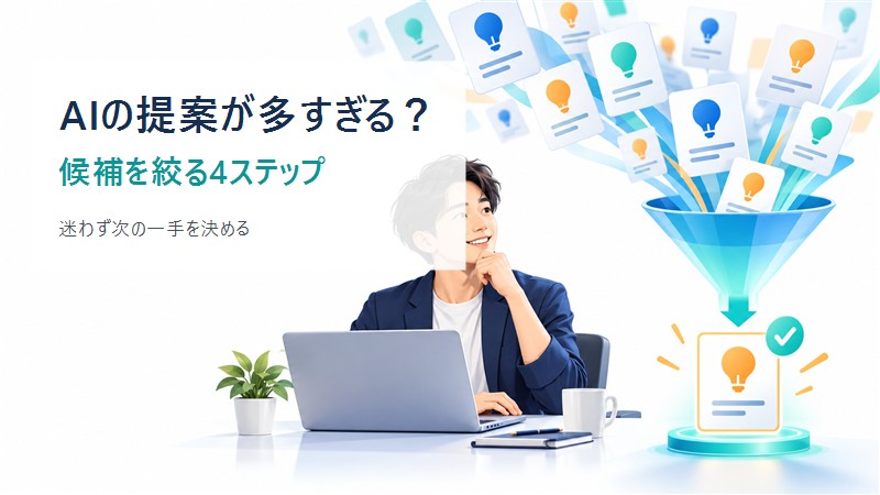 AIが出した多くの提案を比較し、1つに絞り込むイメージ