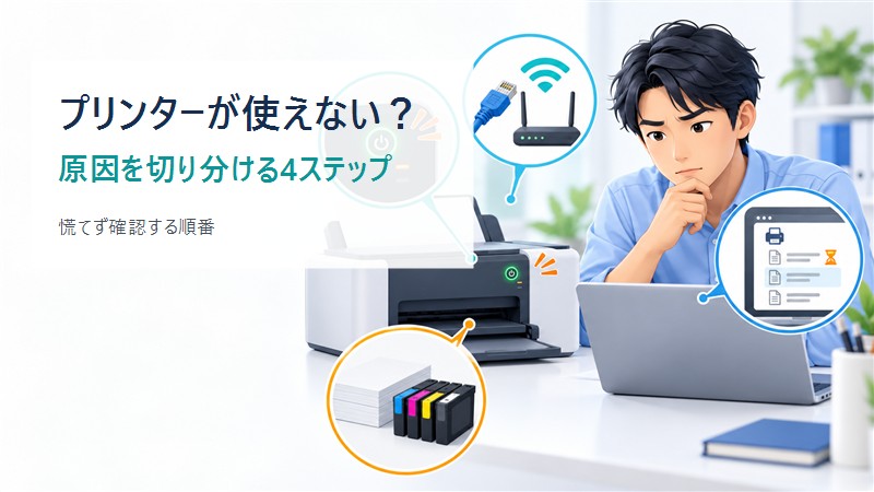 プリンターが使えない原因を電源・接続・印刷待ち・用紙で確認するイメージ