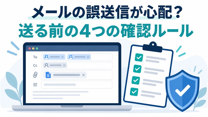 メールの宛先・添付・件名を送信前チェックで確認するイメージ