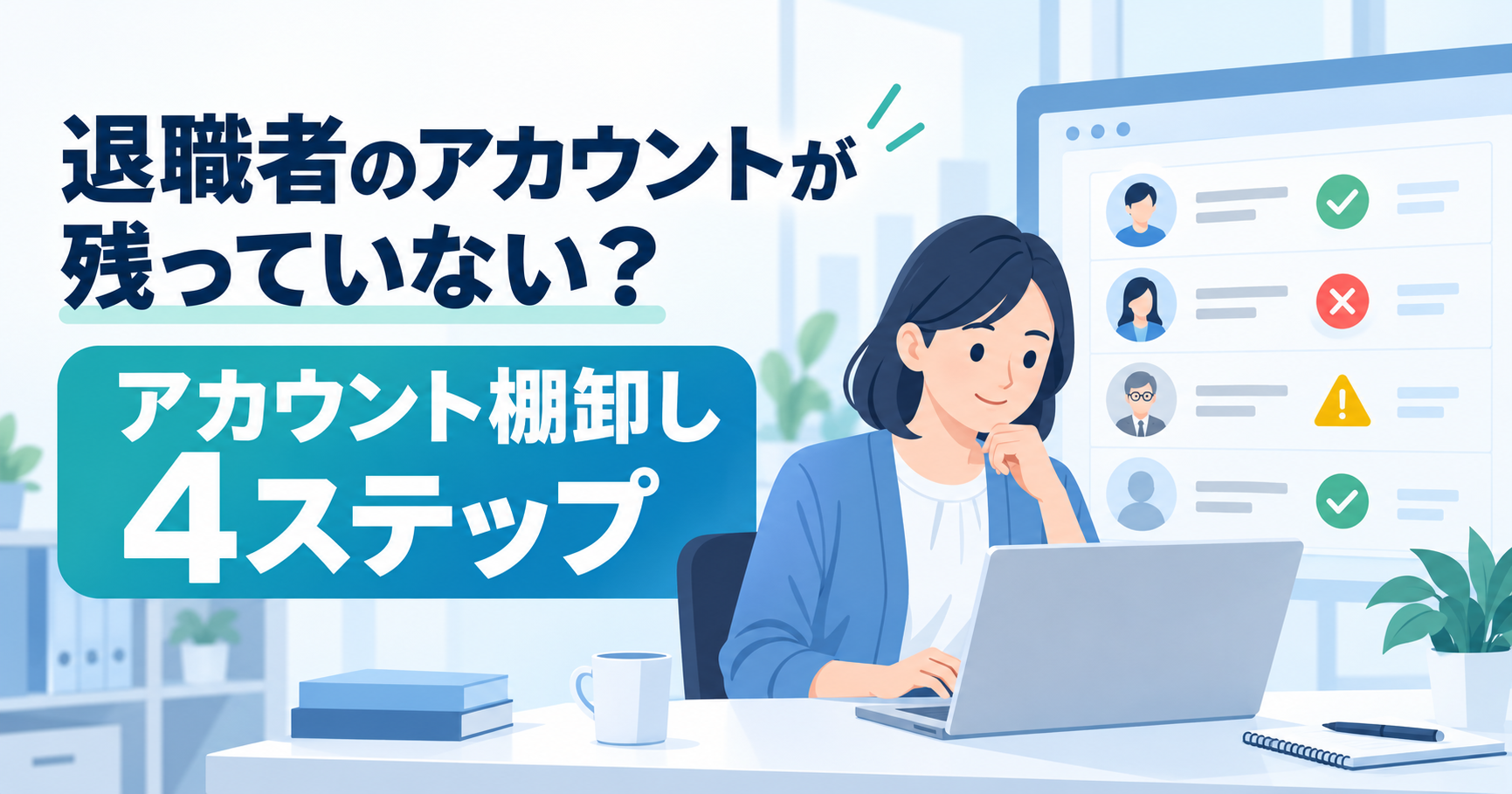 退職者のアカウントが残っていない悩みと、アカウント棚卸し4ステップを表したイラスト