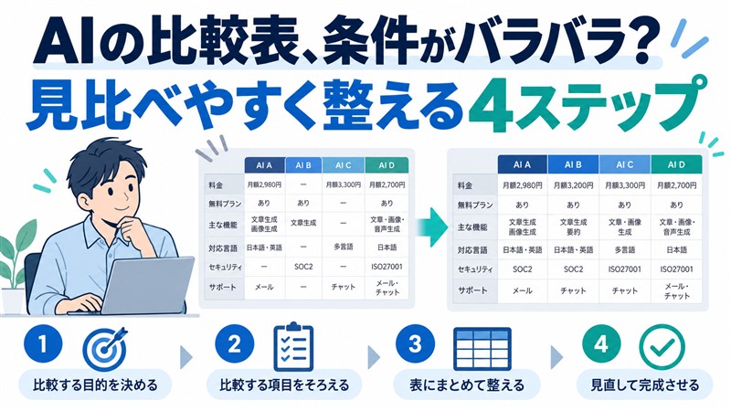 AIの比較表を見比べやすく整える4ステップを表したイラスト