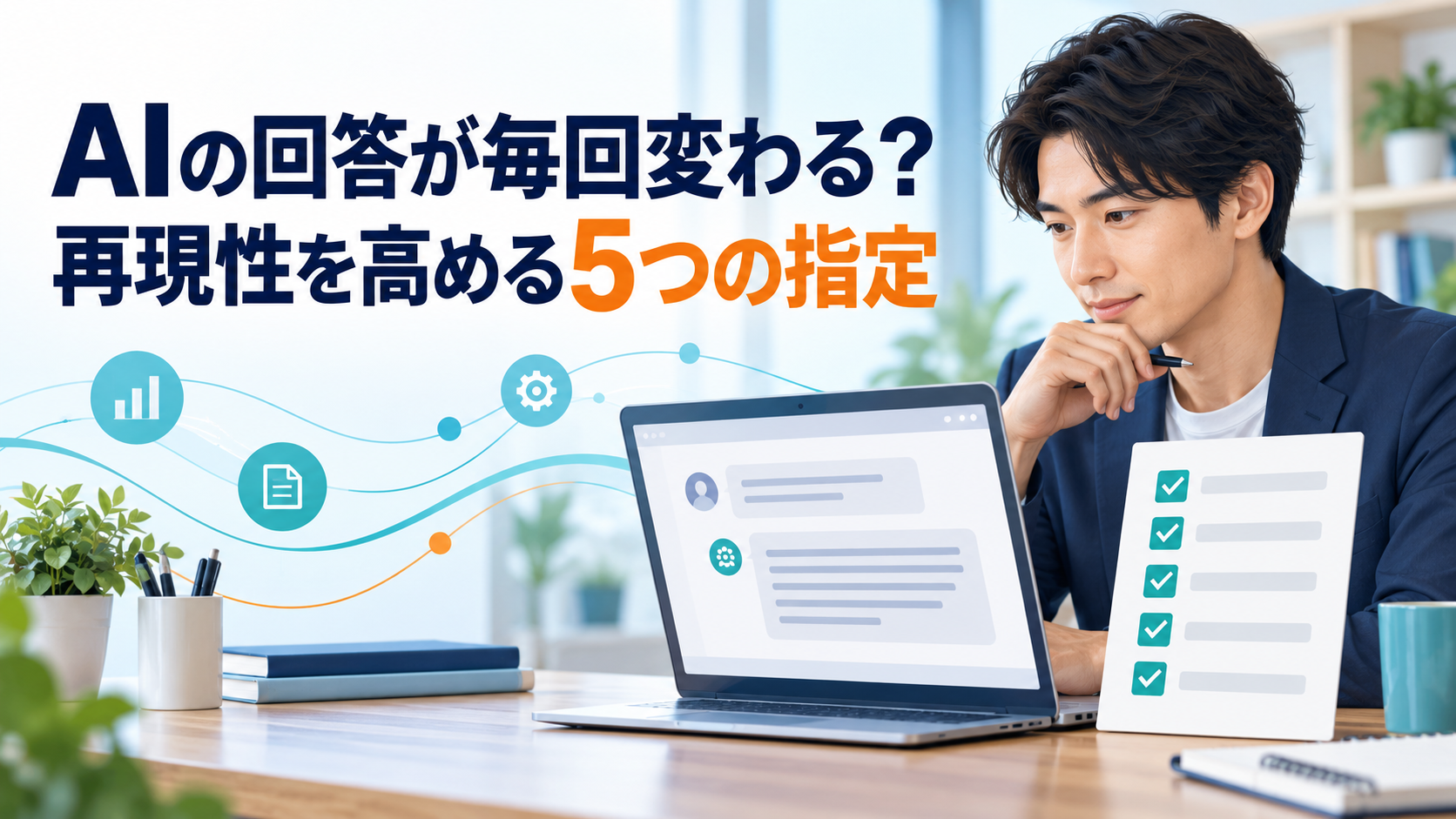 AIの回答が毎回変わる悩みと、再現性を高める5つの指定を表したサムネイル
