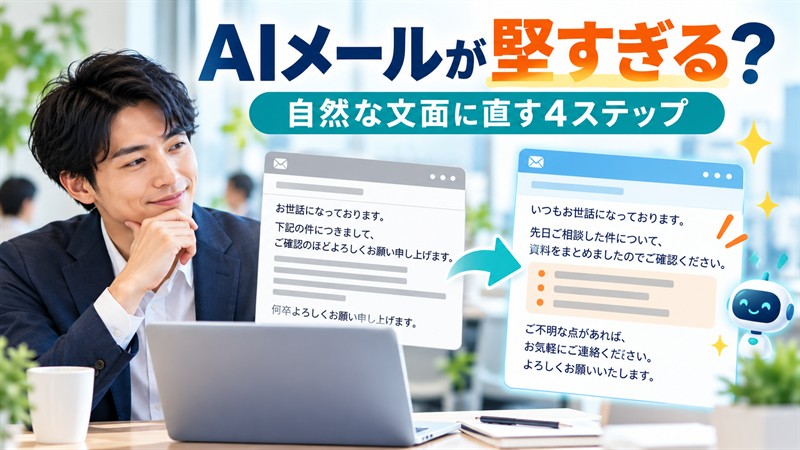 AIで作った堅いメールを自然な文面へ整えるイメージ