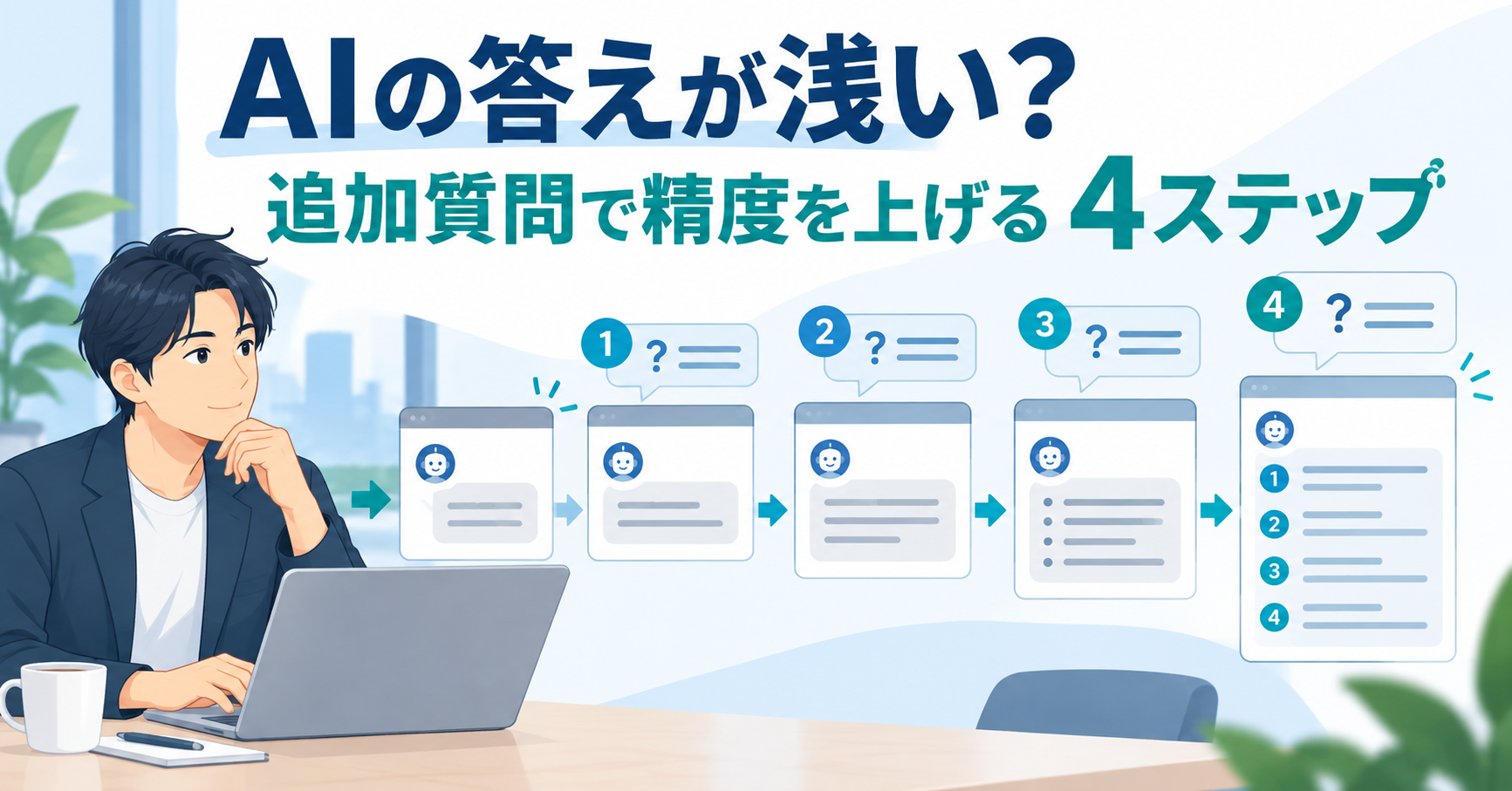 AIの答えが浅い悩みと、追加質問で精度を上げる4ステップを示すイラスト