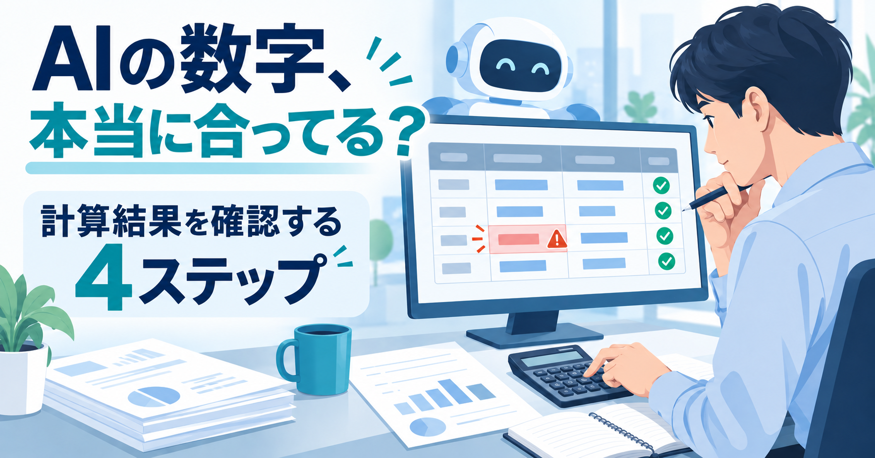AIが出した数字や計算結果を4ステップで確認する方法を表したイラスト
