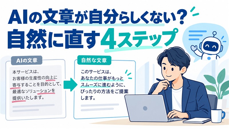 AIの文章を自然な言葉に直す4ステップを表したイラスト