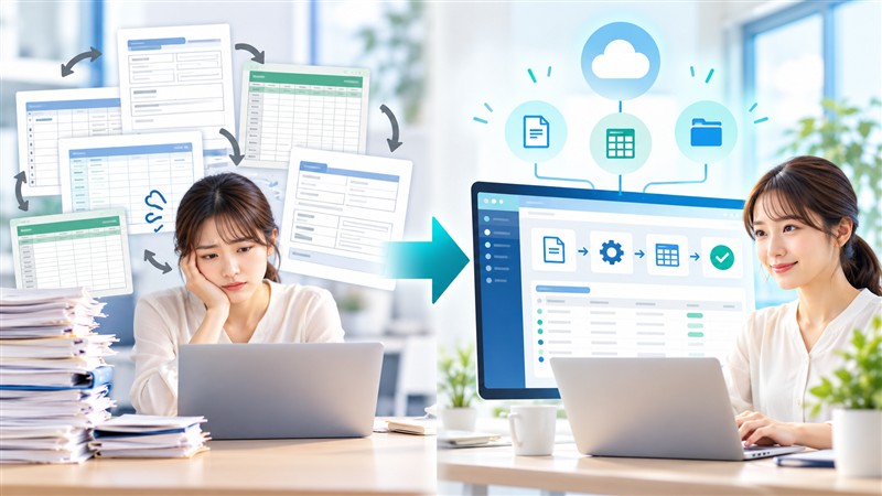 複数の入力作業を一つのデジタル業務フローへ整理するイメージ
