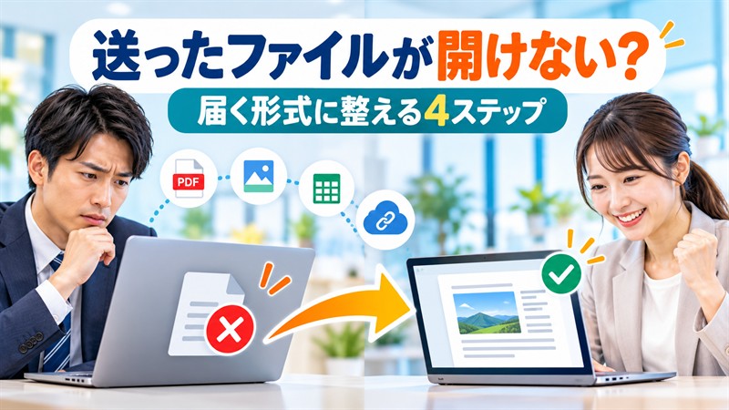 開けないファイルを相手が見られる形式へ整えるイメージ