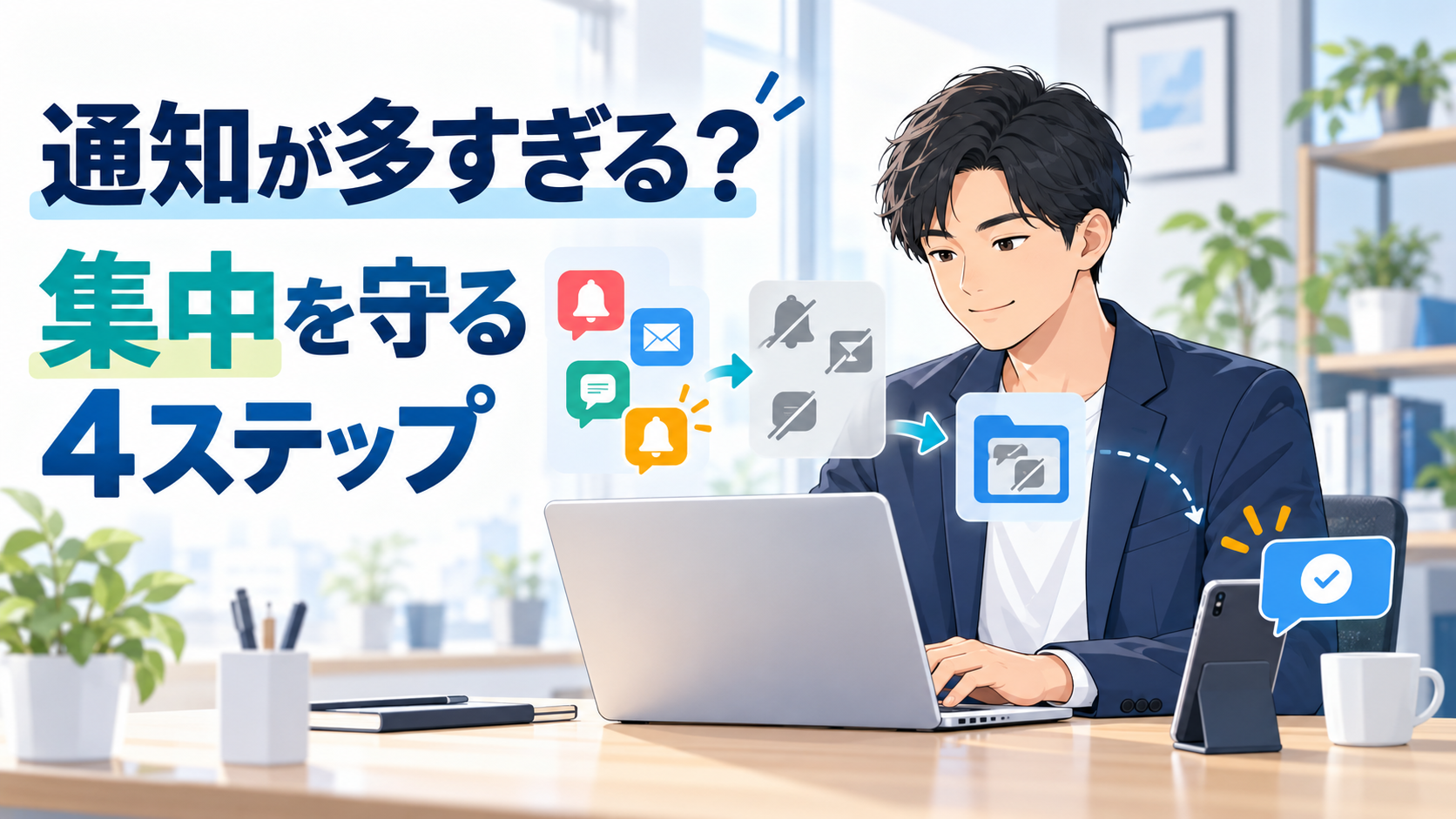 通知を整理して集中時間を守る4ステップを表したオフィスのイラスト