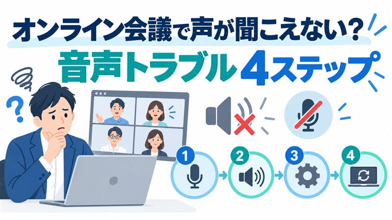 オンライン会議の音声トラブルを切り分ける4ステップを表したイラスト