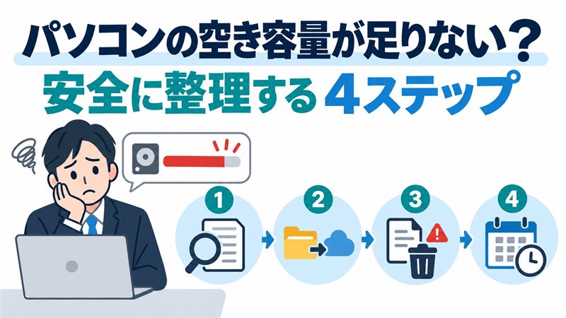 パソコンの空き容量を安全に整理する4ステップを表したイラスト
